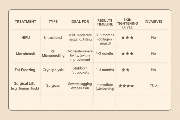 Table showing the comparisons of Skin tightening Shipston-on-Stour treatment options.